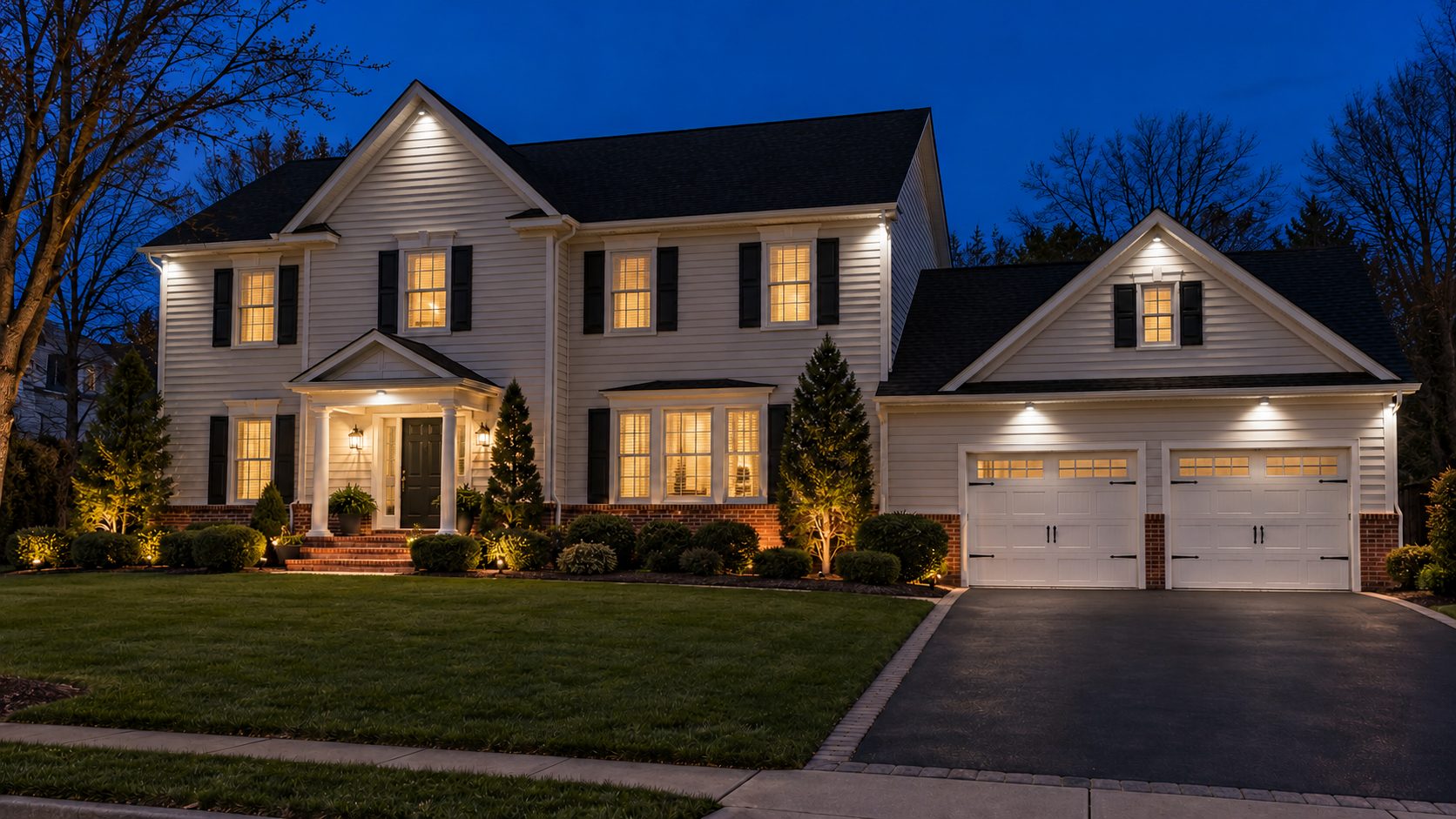 The same house with a few bright white accent lights