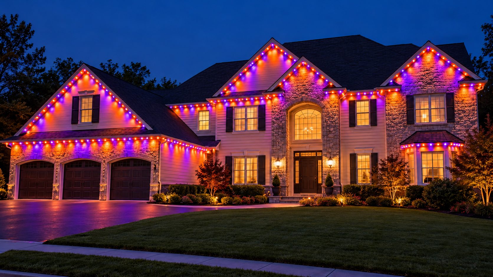 Large stone house lit orange and purple along every roofline for Halloween
