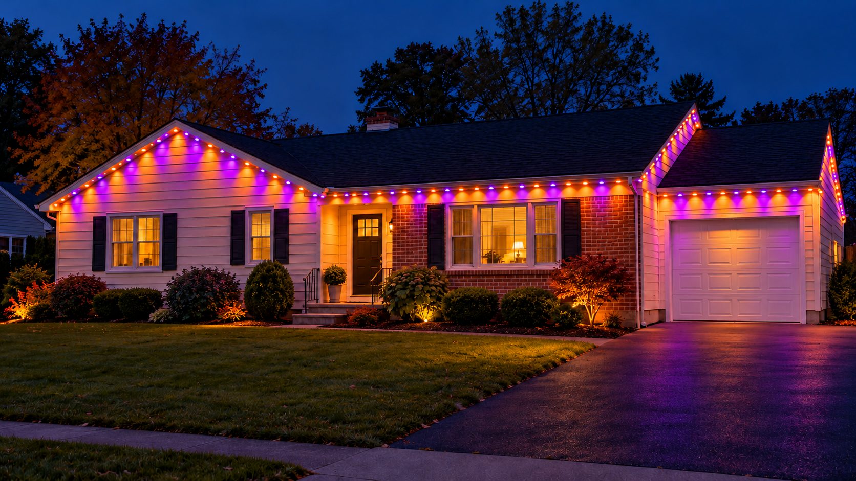 Ranch house lit orange and purple for Halloween