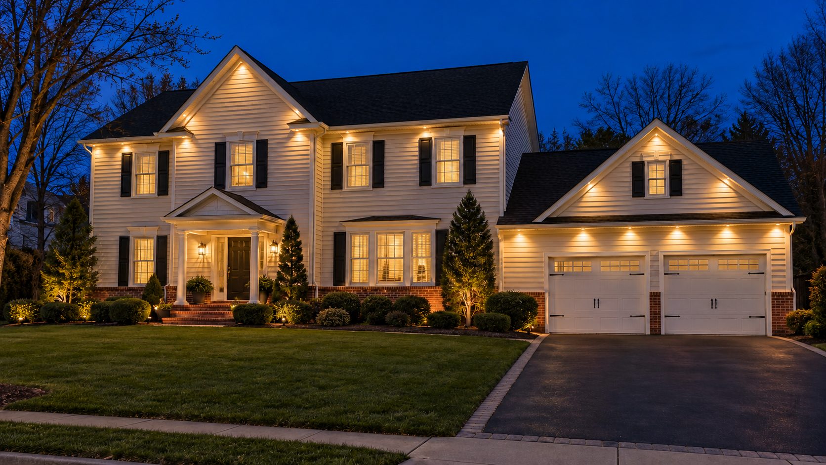 The same house with soft warm white light washing down the walls